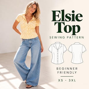 Könnte beinhalten: Das Elsie Top Schnittmuster zeigt ein gelbes kurzärmeliges Oberteil mit weißem Blumenmuster, einem Kragen und einer Knopfleiste. Die Grafik enthält technische Strichzeichnungen der Vorder- und Rückseite des Oberteils.