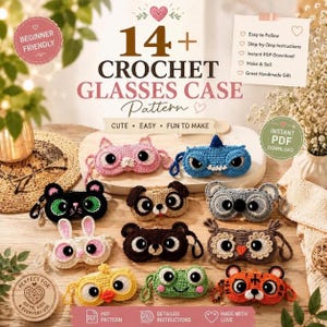 Peut inclure: Une collection de 14+ étuis à lunettes au crochet représentant divers animaux, dont un chat rose, un requin bleu, un chat noir, un chien marron, un koala gris, un lapin blanc, un ours brun, un hibou, un poussin jaune, une grenouille et un tigre.