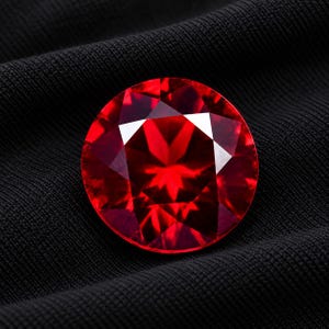 May include: A round, faceted gemstone with a deep, vibrant red colour. The stone features a brilliant cut with multiple triangular and kite-shaped facets that reflect light, creating a star-like pattern within the centre of the circular gem.