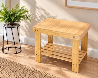 Natural Bamboo Step Stool with Storage Shelf, 2-Tier Foot Bench (15.7" L x 9.8" W)
