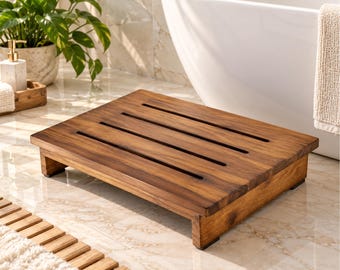 Acacia Wood Step Stool, Non-Slip Bathroom Kitchen Foot Rest (Walnut/Black)