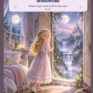 May include: A book cover titled MIA AND THE MOONLIGHT WARDROBE Where magic waits behind every door by P.P. featuring a blonde child in a lavender dress standing in a bedroom looking out an open door at a castle, waterfall, and full moon.