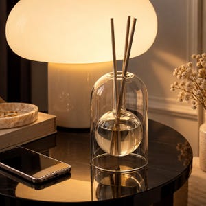 Modern doftspridare i glas – Dome-aromaterapidiffusor i glas med rottingpinnar