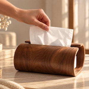 Op de afbeelding: Een gebogen, donkerbruine houten tissueboxhouder met een gladde, gepolijste afwerking en zichtbare houtnerfpatronen. De rechthoekige houder heeft een open gleuf aan de bovenkant waaruit een wit papieren tissue naar boven wordt getrokken.