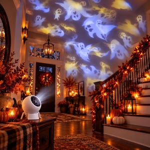 Könnte beinhalten: Ein weißer, kugelförmiger Projektor steht auf einer Holzoberfläche und wirft blaue und gelbe geisterförmige Lichtmuster an die Decke. Der Raum ist für Halloween mit orangefarbenen Kürbissen, Herbstlaub und warmen Laternen geschmückt.