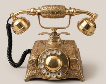 May include: A gold-coloured rotary telephone featuring an intricate embossed leaf pattern across the base and handset. The device includes a circular dial with white number inserts from zero to nine and a black coiled cord connecting the handset.