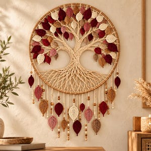 May include: A circular macrame wall hanging featuring a tree of life design with woven cord roots and branches. The tree is adorned with numerous fabric leaves in shades of cream, pink, burgundy, and brown, with dangling leaf accents.
