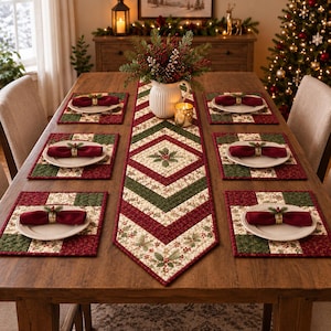 May include: A dining table set featuring a quilted table runner and four matching placemats in a red, green, and cream holiday pattern. Each place setting includes a white plate, a deep red cloth napkin, and a decorative napkin ring.