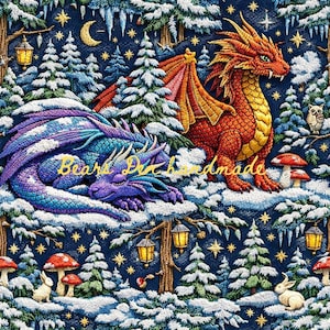 May include: A detailed illustration of two dragons in a snowy forest. One dragon is red and gold, the other is purple and blue. The scene includes snow-covered trees, mushrooms, and a crescent moon. The text "Bears Den handmade" is visible.