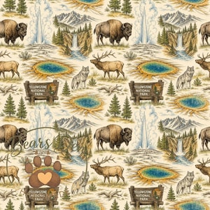 Könnte beinhalten: Ein sich wiederholendes Muster mit Illustrationen des Yellowstone-Nationalparks. Das Design umfasst Bisons, Elche, Wölfe, Geysire, Wasserfälle und das Schild des Yellowstone-Nationalparks, alles vor einem cremefarbenen Hintergrund.