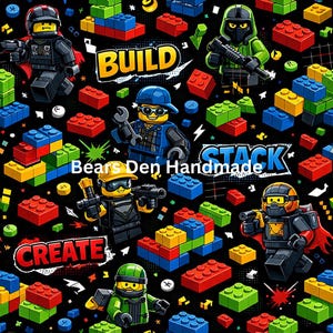 May include: A black background is covered with colorful toy bricks and Lego-style figures. The words "BUILD", "STACK", and "CREATE" are displayed. The figures are wearing various outfits and holding tools and weapons.