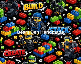 Op Lego geïnspireerde minifiguur naadloos patroon digitale download jongensontwerp 300 dpi