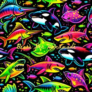 May include: A vibrant, colorful pattern featuring various marine animals, including sharks, orcas, and stingrays, against a black background. The design incorporates bright neon colors and the text "Beasts Den Handmade".