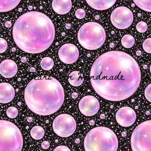May include: A repeating pattern of iridescent pink and purple bubbles of varying sizes against a black background speckled with white dots. The text "cars n Handmade" is written in black cursive.