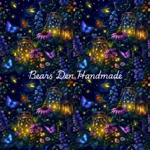 May include: A digital illustration depicting a night scene with glowing jars, lanterns, and butterflies against a dark blue backdrop. The image includes flowers, fireflies, and the text "Bears Den Handmade". The overall theme is whimsical and magical.