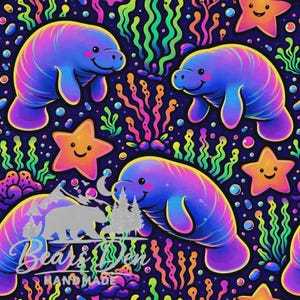 May include: A colourful repeating pattern featuring cartoon manatees in shades of blue, purple, and pink, interspersed with smiling orange starfish and colourful seaweed on a dark blue background. The text "Bears Den Handmade" is visible.