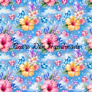 May include: A repeating pattern featuring yellow and pink hibiscus flowers, blue and purple crystals, and sparkling gems set against a bright blue sky with white clouds. The text Bears Den Handmade is centered in black script across the image.