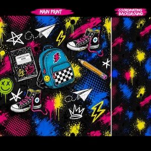 Puede incluir: Un fondo negro con salpicaduras de pintura coloridas e ilustraciones con temática escolar. Incluye una mochila azul con un patrón de cuadros, zapatillas altas, un cuaderno y aviones de papel.