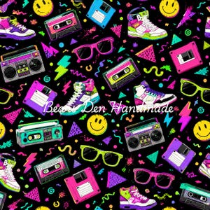 May include: A black background is covered with colorful 80s-themed graphics. The design includes cassette tapes, floppy disks, boomboxes, sunglasses, sneakers, lightning bolts, and smiley faces. The text "Bea's Den Handmade" is also present.