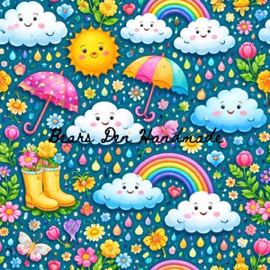 May include: A vibrant pattern with smiling clouds, rainbows, a happy sun, and colourful umbrellas. Yellow wellington boots are among flowers. The design includes butterflies, raindrops, and the text "Bears Den Handmade" on a teal background.