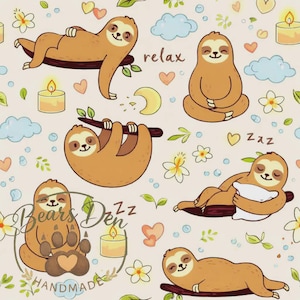 May include: A repeating pattern featuring cartoon sloths in various poses, including hanging from a branch, meditating, and relaxing. The design includes hearts, flowers, clouds, candles, and the word "relax". The color palette is soft and pastel.