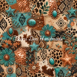 May include: A patchwork design featuring turquoise, brown, and tan colors. The design includes star, floral, and oval-shaped embellishments. The text "Beans Den Handmade" is visible in the center of the image.