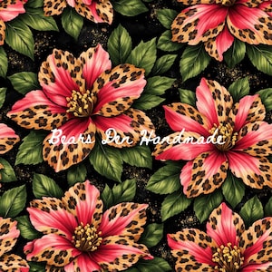 May include: A repeating pattern of large, stylized flowers with pink petals and leopard print accents. Green leaves and gold flecks are scattered across a black background. The text "Bears Den Handmade" is written in white cursive.