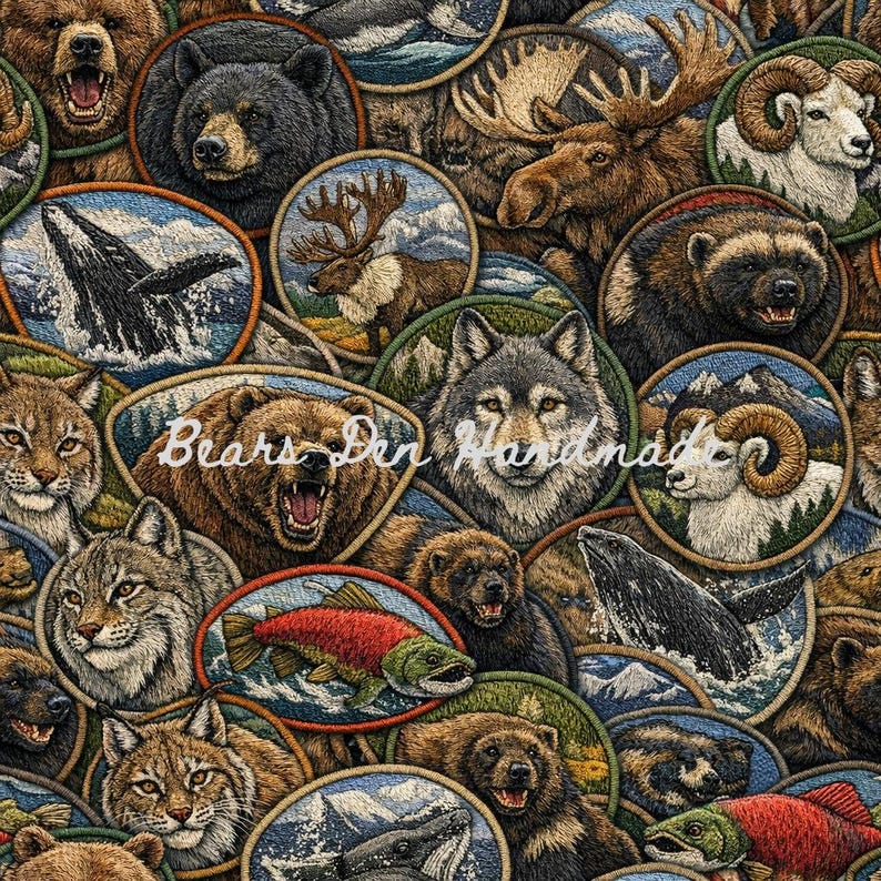 Seamless Pattern Embroidery Alaska Animal Patches Wolverine, Caribou ...