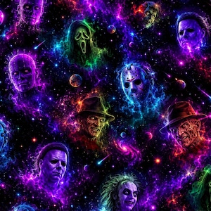 May include: A fabric pattern featuring a vibrant cosmic nebula background in shades of purple, blue, and pink, populated by various horror movie characters including masked figures, dolls, and villains surrounded by glowing stars and small planets.
