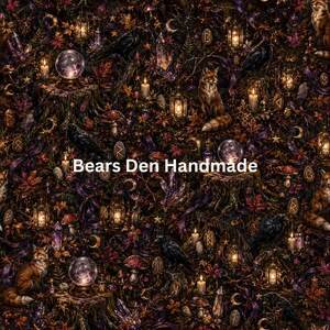 May include: A dark fabric pattern featuring foxes, black ravens, glowing crystal balls on tree stumps, lit lanterns, mushrooms, and scattered runes. The design includes deep purple and brown autumn leaves with the text Bears Den Handmade.