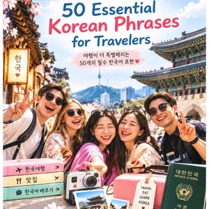 Op de afbeelding: Een promotionele afbeelding getiteld 50 Essential Korean Phrases for Travelers met vijf lachende mensen, kersenbloesems, een camera met twee afgedrukte foto's, een stapel van drie boeken en een groen paspoort van Zuid-Korea.