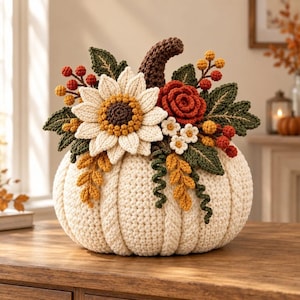Könnte beinhalten: Ein cremefarbener gehäkelter Kürbis mit braunem Stiel, verziert mit einer großen weißen Sonnenblume, einer rostfarbenen Rose, kleinen weißen Blüten, grünen Blättern sowie Trauben aus roten und gelben Beeren, alles in detaillierter Garnstruktur.