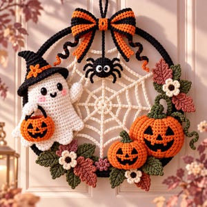 May include: A crochet Halloween wreath featuring a white ghost wearing a black hat and holding an orange jack-o'-lantern, a black spider, two orange pumpkins, and a cream-colored web. The wreath is decorated with a black and orange bow and leaves.