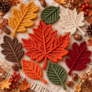 May include: A collection of crocheted leaf-shaped coasters in various autumn colors including orange, red, brown, green, and cream. The set features different leaf shapes such as maple and oak, arranged with small acorns and dried berries.