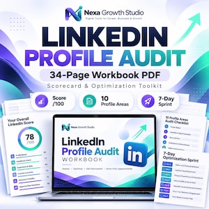 Könnte beinhalten: Eine digitale Produktpräsentation für ein 34-seitiges LinkedIn-Profil-Audit-Arbeitsbuch als PDF von Nexa Growth Studio. Es zeigt einen Laptop-Bildschirm mit dem Arbeitsbuch-Cover sowie ausgedruckte Seiten mit einem 78/100-Score, einer 10-Bereiche-Audit-Checkliste und einem 7-Tage-Optimierungs-Sprint-Plan.