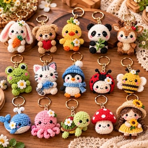 May include: A collection of fifteen crocheted animal and character keychains, including a rabbit with a carrot, bear with a heart, chick, panda, deer, frog, cat, penguin, ladybug, bee, whale, octopus, turtle, mushroom, and a girl.