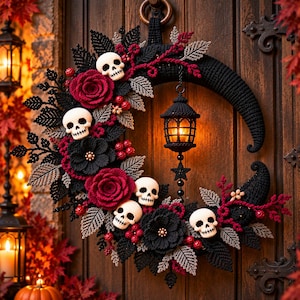 May include: A crescent moon-shaped wreath crafted from black yarn, featuring crocheted red roses, black flowers, and beige skulls. A small black crocheted lantern hangs from the center, illuminated with a warm light, surrounded by dark foliage.