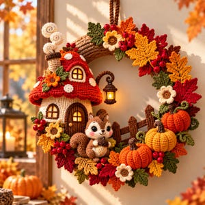 May include: A crochet wreath featuring a red and white mushroom house with a chimney, a small squirrel holding an acorn, three orange pumpkins, and a brown fence. The wreath is decorated with colourful autumn leaves, red berries, and small flowers.