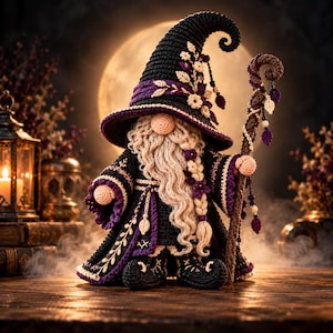 Könnte beinhalten: Eine gehäkelte Wichtelfigur mit einem hohen, schwarz-violetten Spitzhut mit Blumenakzenten, einem langen, cremefarbenen geflochtenen Bart und einem schwarzen Gewand mit violettem Saum. Der Wichtel hält einen braunen, strukturierten Stab mit Blättern.