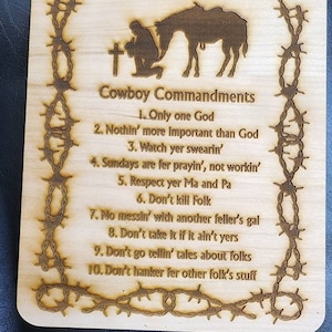 Engraved Cherry Plywood Cowboy Commandments - Western Decor