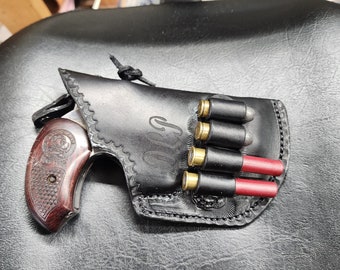 Custom holster for Bond snake slayer IV or Cyclops 4.25 barrel, worn on belt, hammer thong, ammo loops 45,