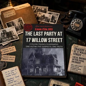 Puede incluir: Un juego de misterio titulado The Last Party at 17 Willow Street, Case File 001. La caja presenta una ilustración de una casa oscura, rodeada de objetos antiguos que incluyen un teléfono de disco, un casete, un cuaderno y recortes de periódico.
