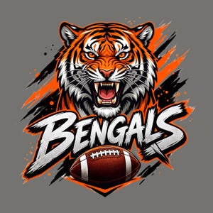 Puede incluir: Una ilustración gráfica que muestra una cabeza de tigre rugiendo con pelaje naranja, negro y blanco. Debajo del tigre, la palabra BENGALS está escrita en una fuente blanca, negrita y desgastada. Un balón de fútbol americano marrón está abajo.