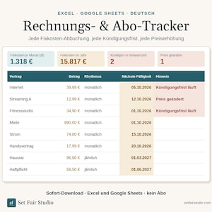 Op de afbeelding: Een digitaal factuur- en abonnementstracker-spreadsheet voor Excel en Google Sheets. De interface toont kolommen voor contract, bedrag, ritme, volgende vervaldatum en opmerkingen, met samenvattingsvakken voor maandelijkse en jaarlijkse vaste kosten.
