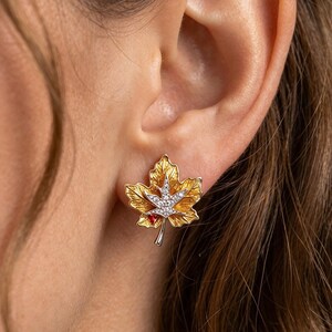 925 Sterling Silver with Copper Enamel Maple Leaf Stud Earrings, CZ Autumn Leaf Earrings, Gift for Women, Self Love Gift, Gift For Her