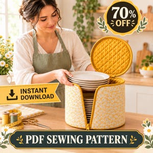 May include: A cylindrical, quilted fabric storage case for plates, featuring a yellow and white floral pattern with a mustard yellow interior lining. The case has a zippered opening and a hinged lid. Text on the image reads 70% OFF, INSTANT DOWNLOAD, and PDF SEWING PATTERN.