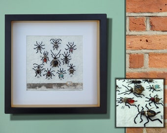 Entomology bead bug art.  10 beautiful bead bees / beetles / insects, hand made, hand stitched & framed ready for hanging. Christmas Gift.