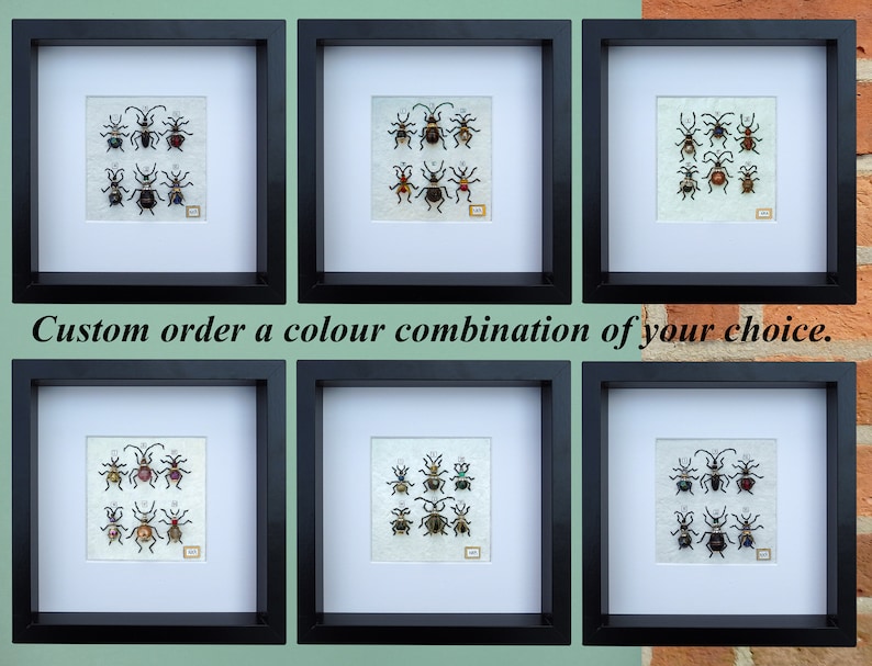 6 beetles Pick your colours hand stitched bugs /& bees framed ready for hanging. Unique custom made steampunk entomology art hand-made