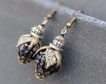 Unique handmade brass, silver & black steam punk bead bee / beetle / insect charm earrings.