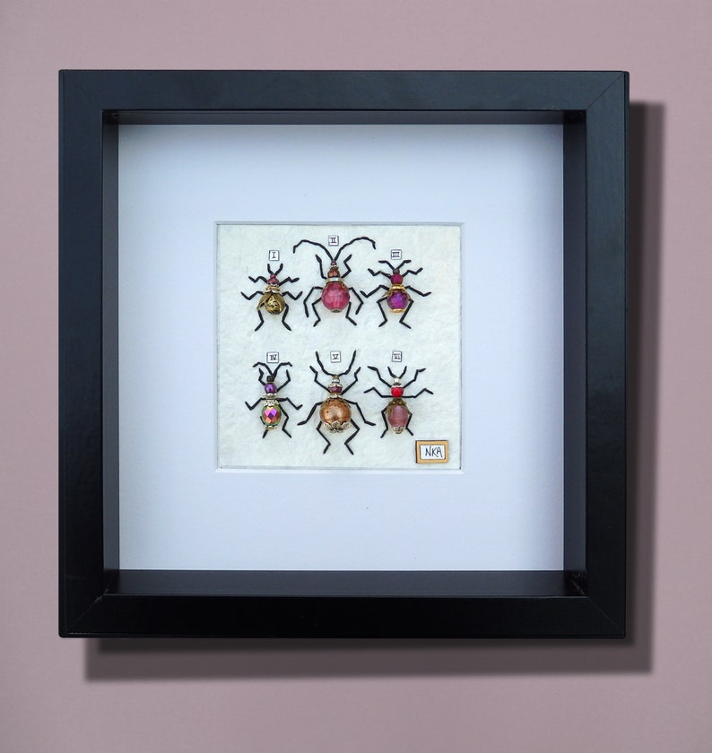 6 beetles Pick your colours hand stitched bugs /& bees framed ready for hanging. Unique custom made steampunk entomology art hand-made